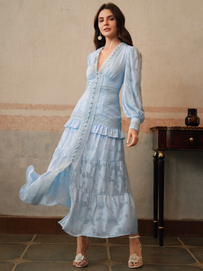 Women's V-Neck Puff Sleeve Tiered Maxi Dress - Lace Trim Embroidered Boho Gown