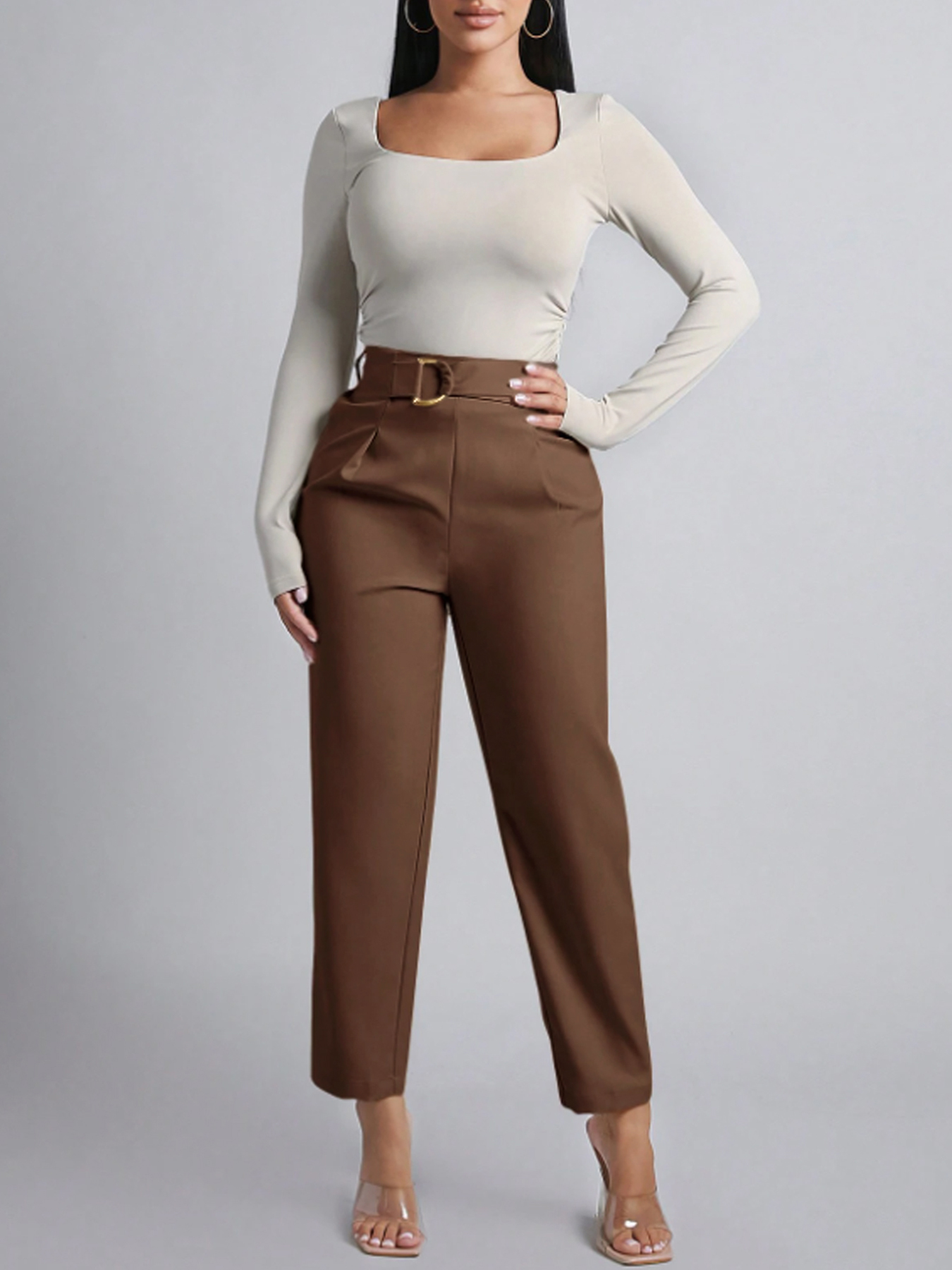 Women's Elegant High Waisted Pleated Tapered Pants with D-Ring Belt