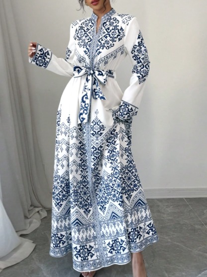 Tsinghua porcelain positioned floral print dress Standing collar with waist tie Long skirt with wide hem