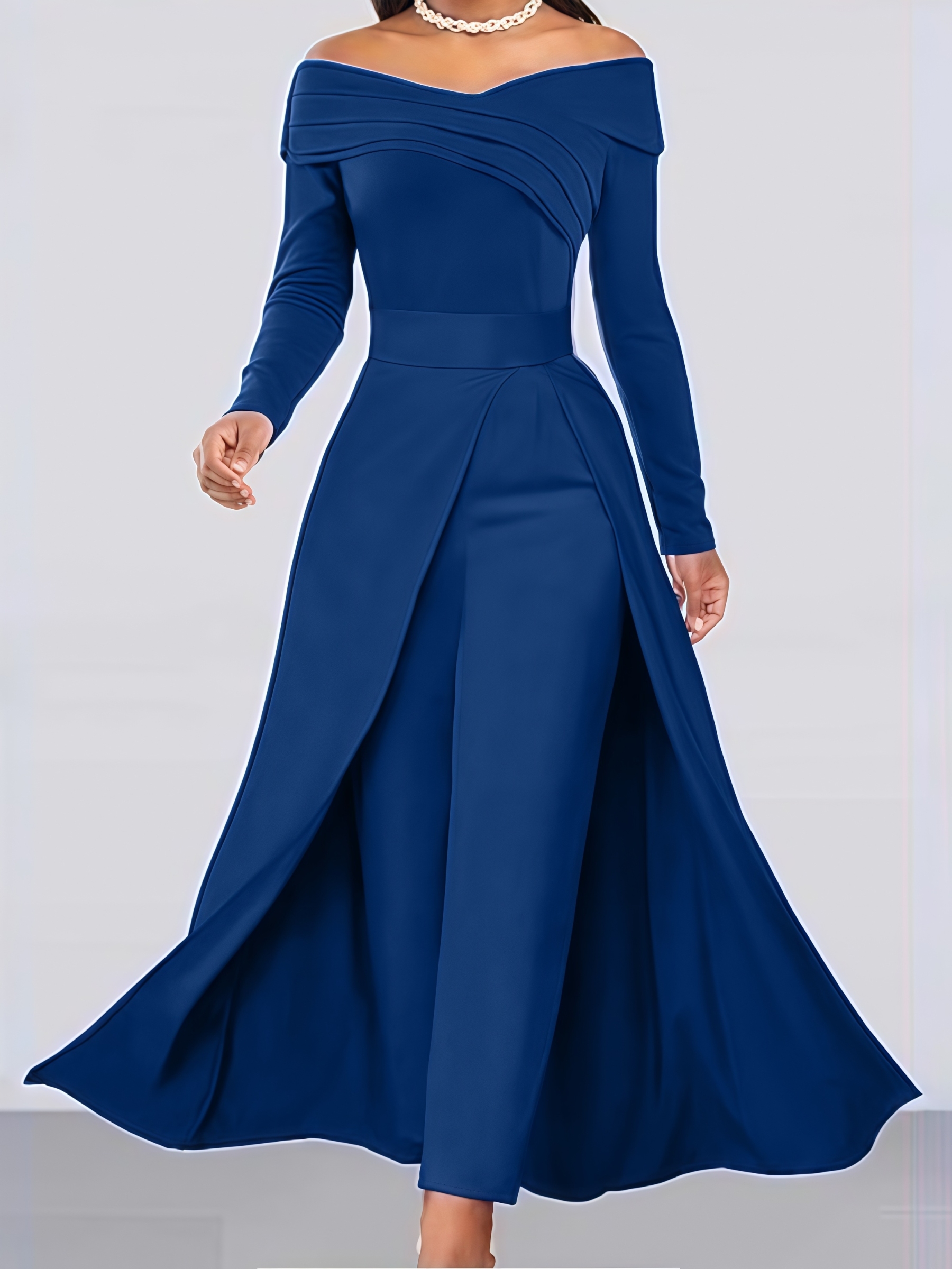 Women's Royal Blue Off-The-Shoulder Long Sleeve Jumpsuit with Flowy Overlay-Aegean-sea