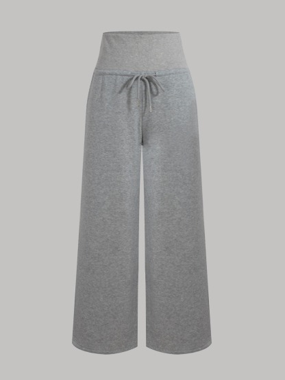 Light gray high waist drawstring broad leg wei pants woman, loose sagging feeling lazy wind pants