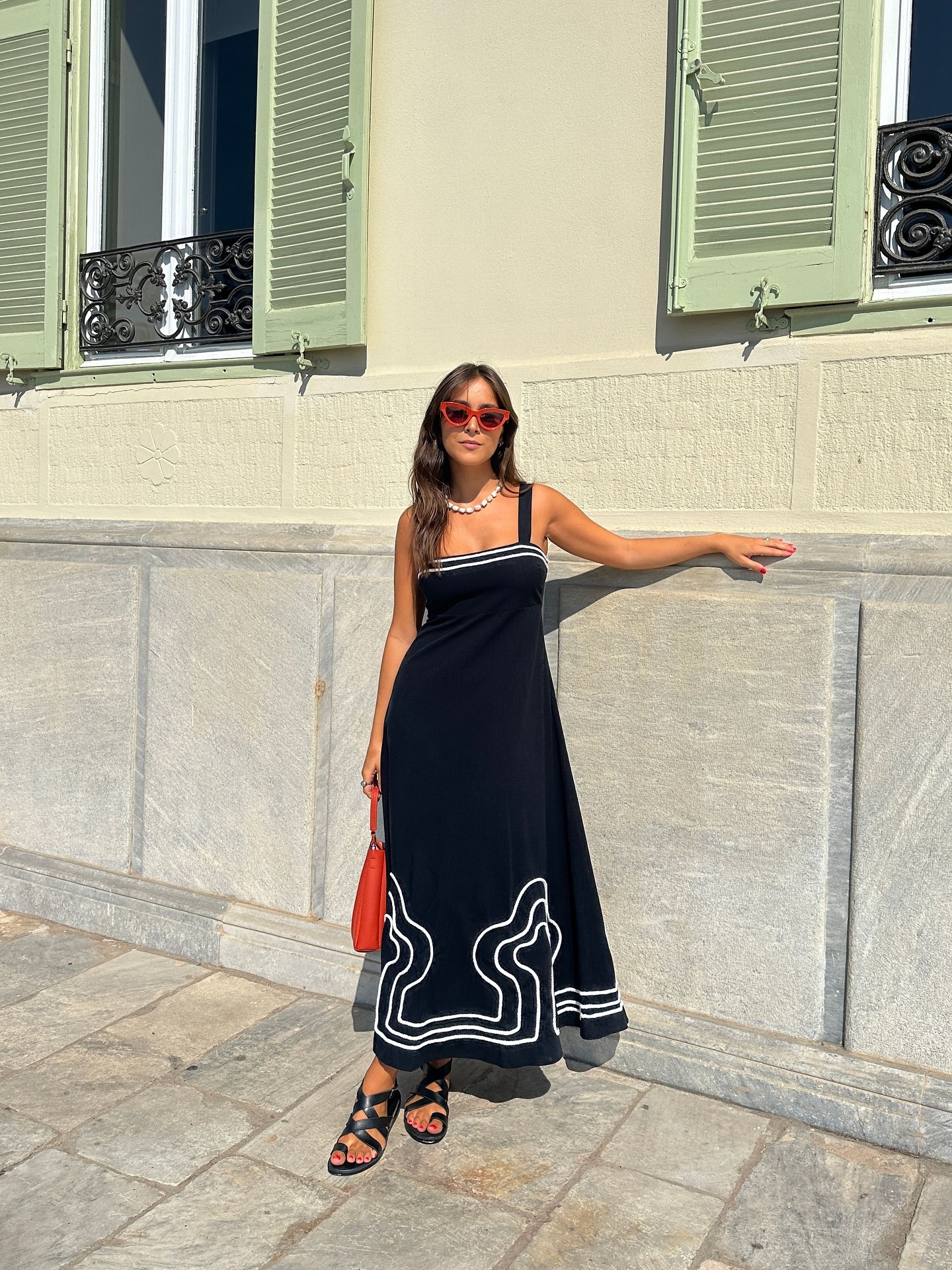 Black and White Wavy Strap Dress, Vacation Style Long Dress