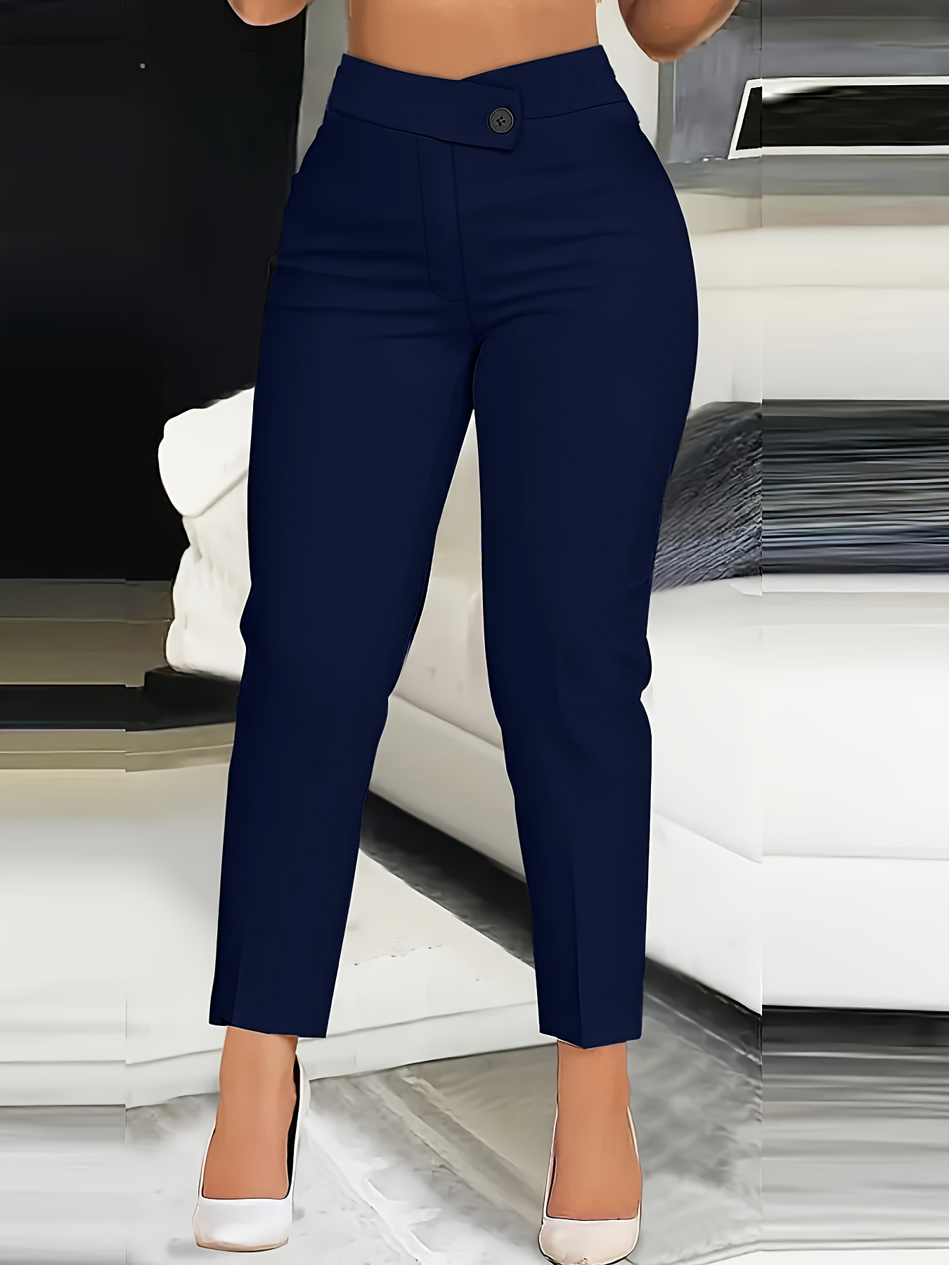 Woman's High Waist Asymmetric Button Slim Ankle Pants-Aegean-sea