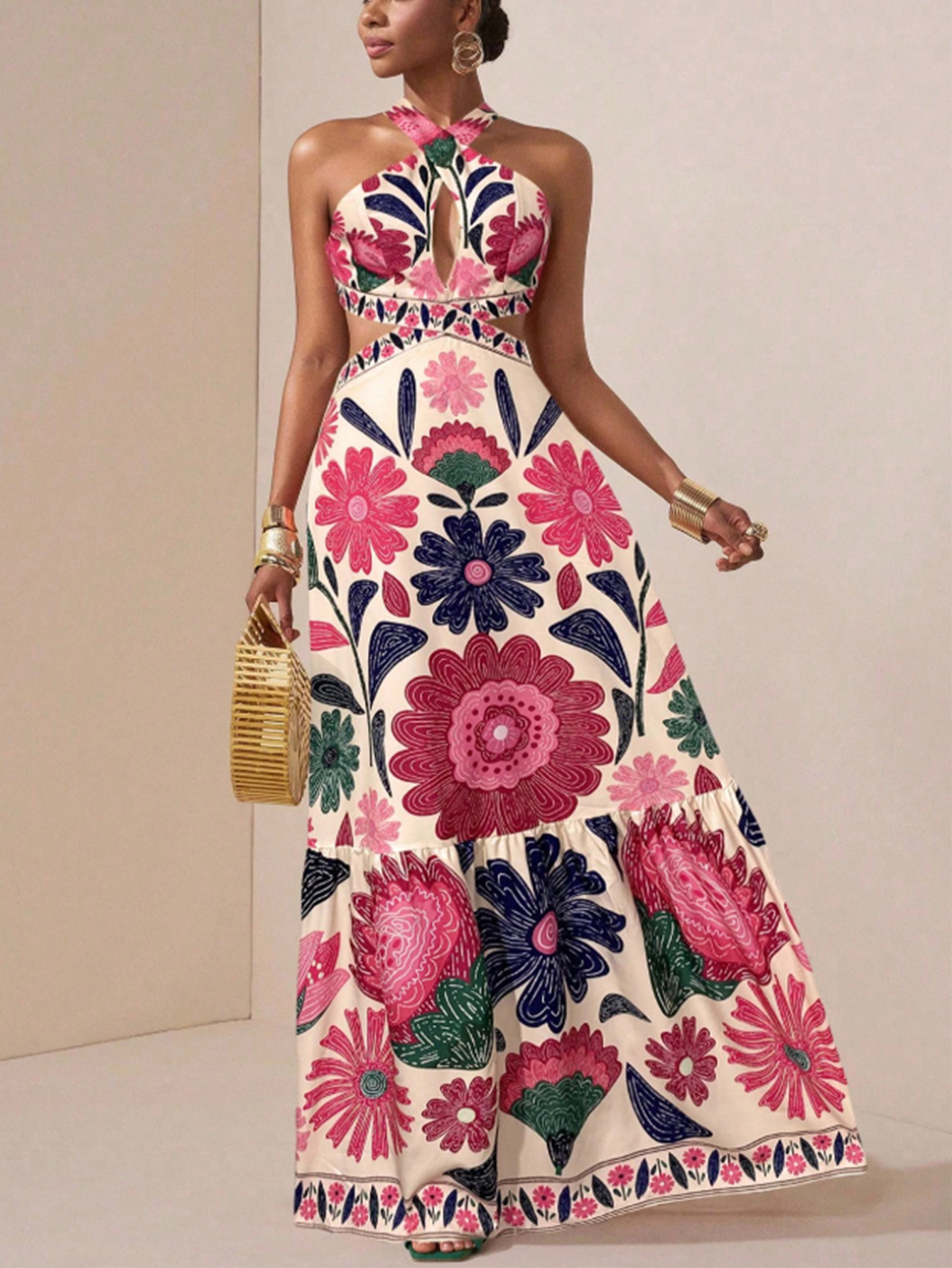 Women in flowered, neck-hanging dresses, cut-out, low-waisted, flowing dresses, holiday party dresses