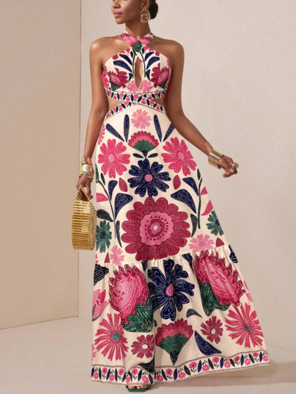 Women in flowered, neck-hanging dresses, cut-out, low-waisted, flowing dresses, holiday party dresses