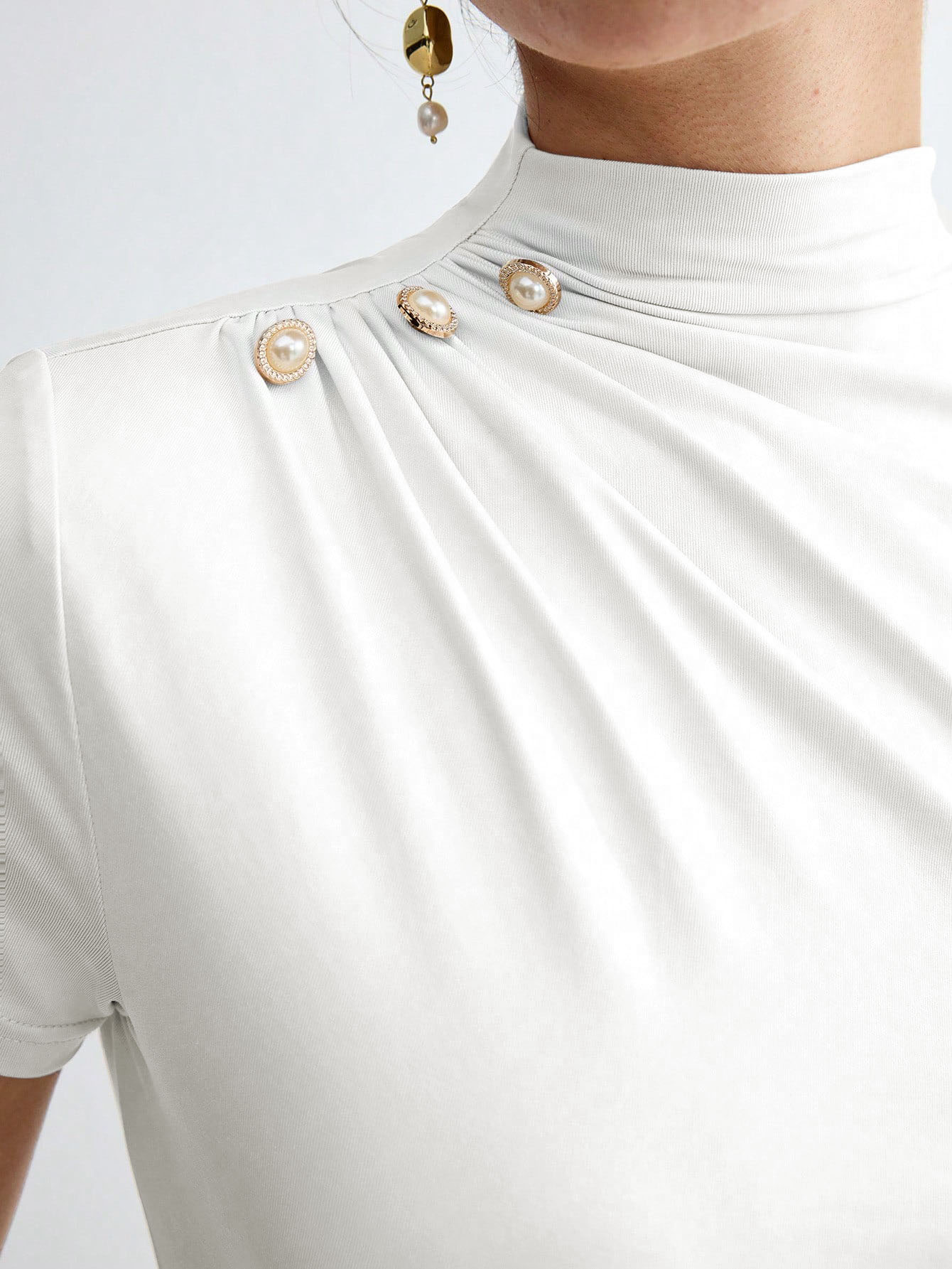 Woman's White Mock Neck Short Sleeve Pearl-Embellished Shoulder Fitted Top-Aegean-sea