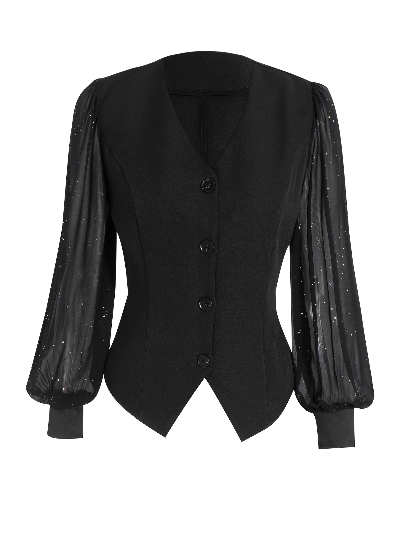 Women's Black Sheer Puff Sleeve V-Neck Button-Front Fitted Waist Vest-Style Blouse-Aegean-sea