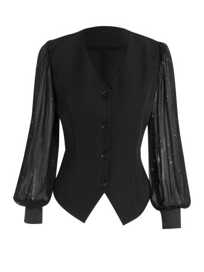 Women's Black Sheer Puff Sleeve V-Neck Button-Front Fitted Waist Vest-Style Blouse-Aegean-sea