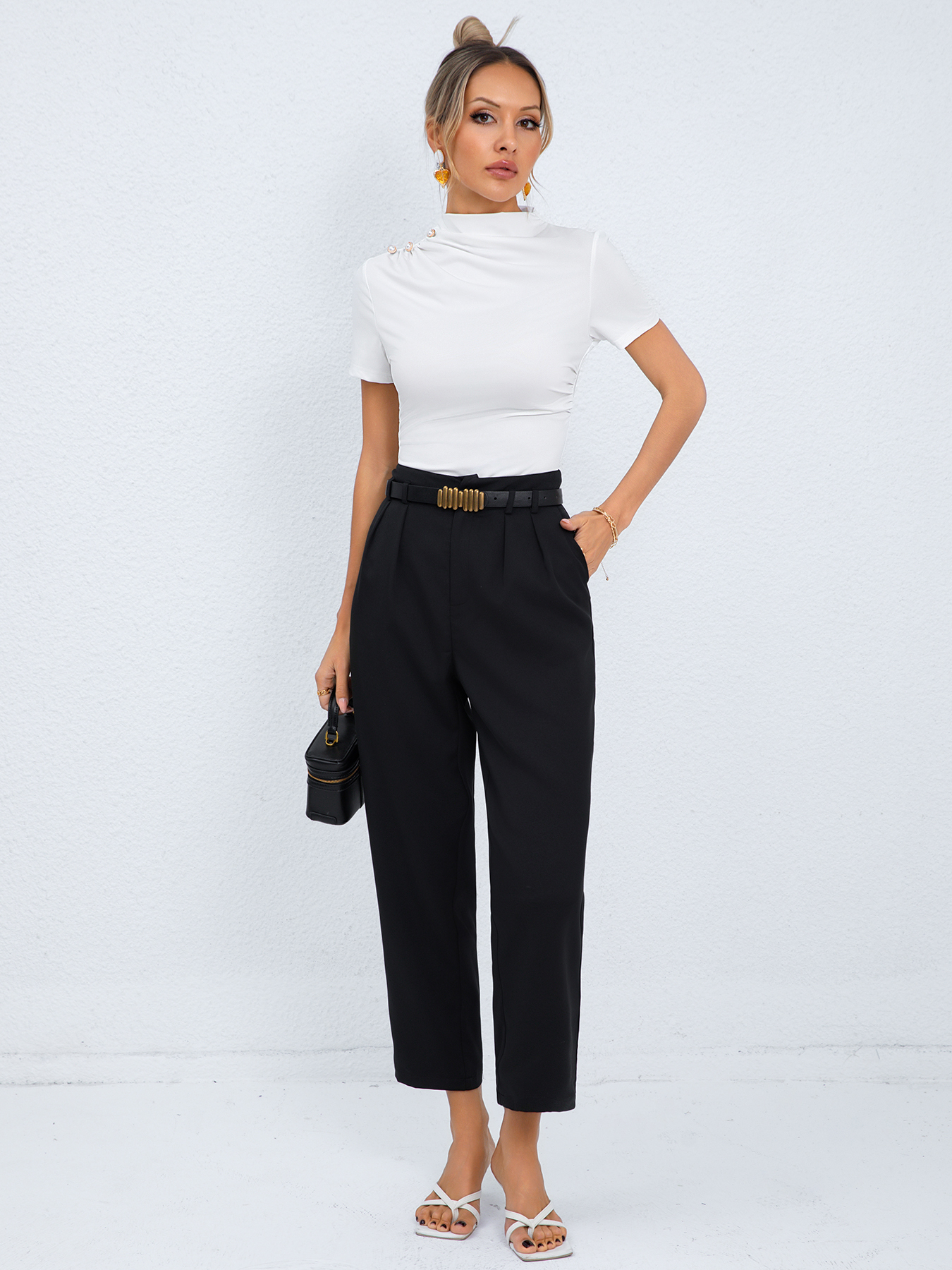 Woman's White Mock Neck Short Sleeve Pearl-Embellished Shoulder Fitted Top-Aegean-sea