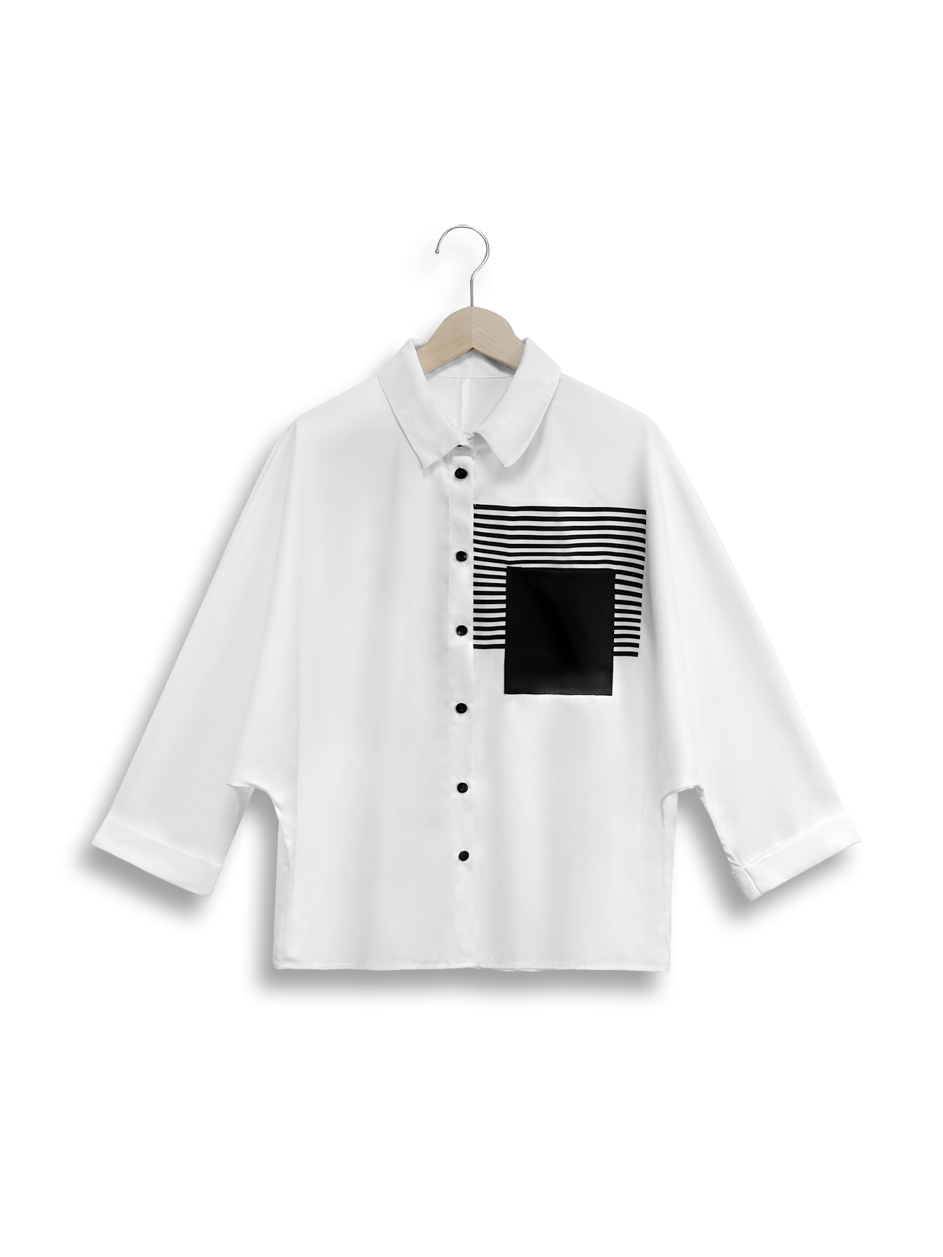 Woman's Collared Button-up Shirt with Striped & Square Patch Detail-Aegean-sea