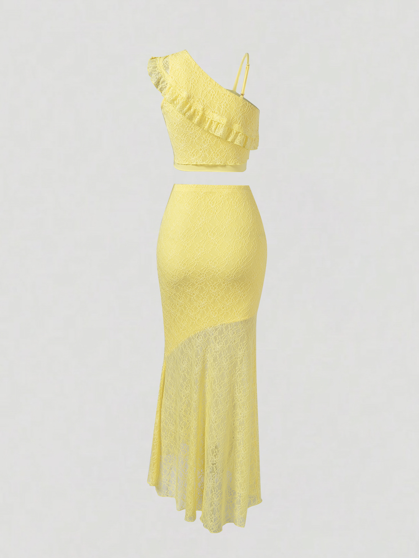 Woman's Light Yellow Lace Cami Top & Sheer Lace High-Waist Maxi Skirt Set