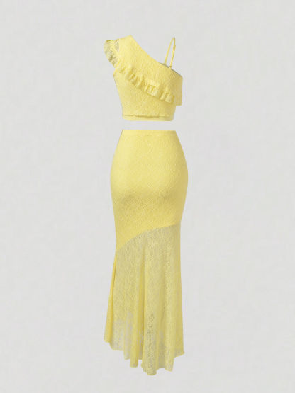 Woman's Light Yellow Lace Cami Top & Sheer Lace High-Waist Maxi Skirt Set