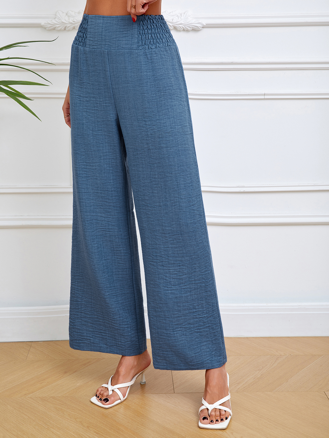 Women's Blue Smocked Waist Wide Leg Pants-Aegean-sea
