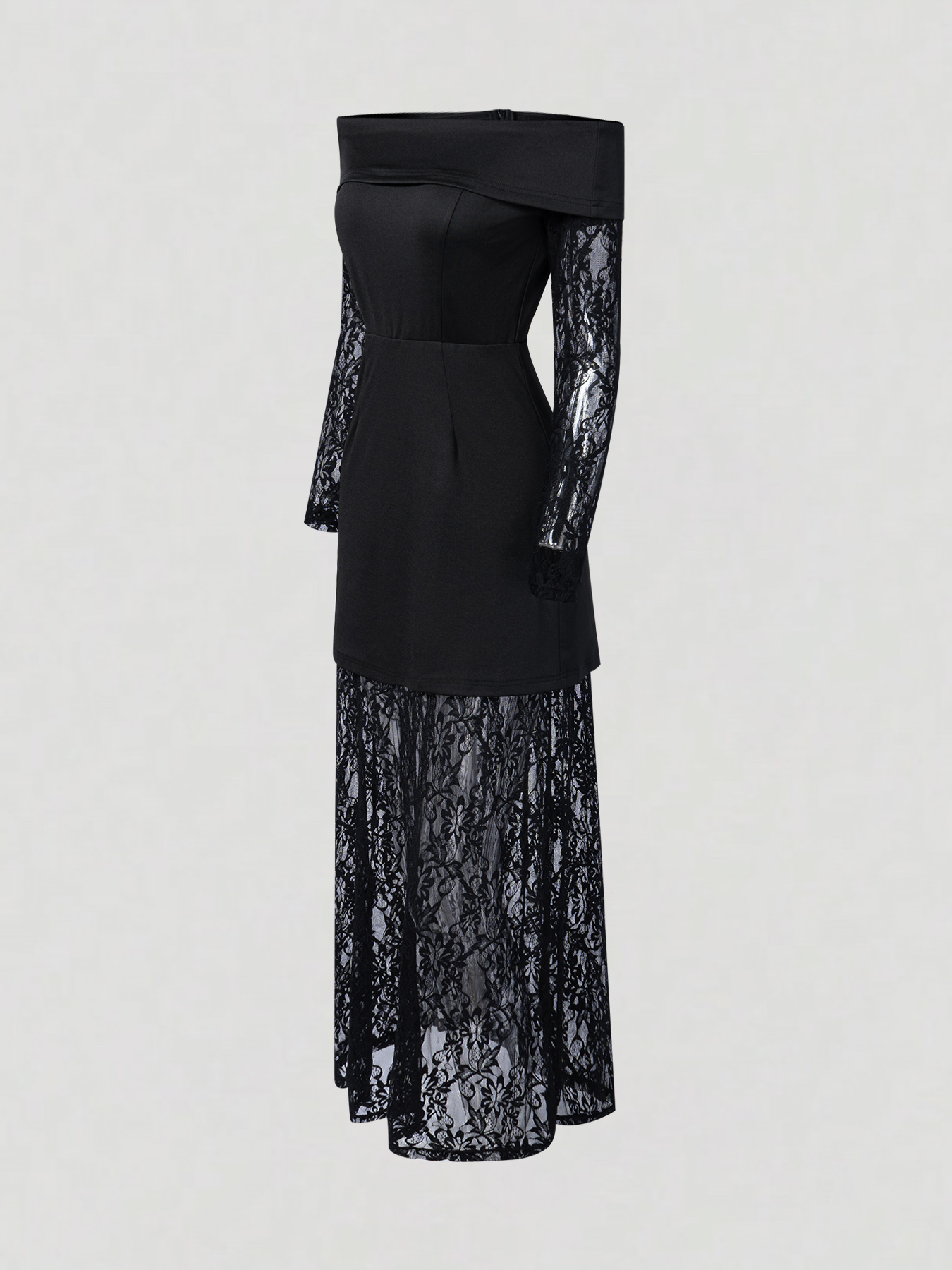 Black off-the-shoulder lace patchwork dress with long sleeves and two faux see-through dresses-Aegean-sea