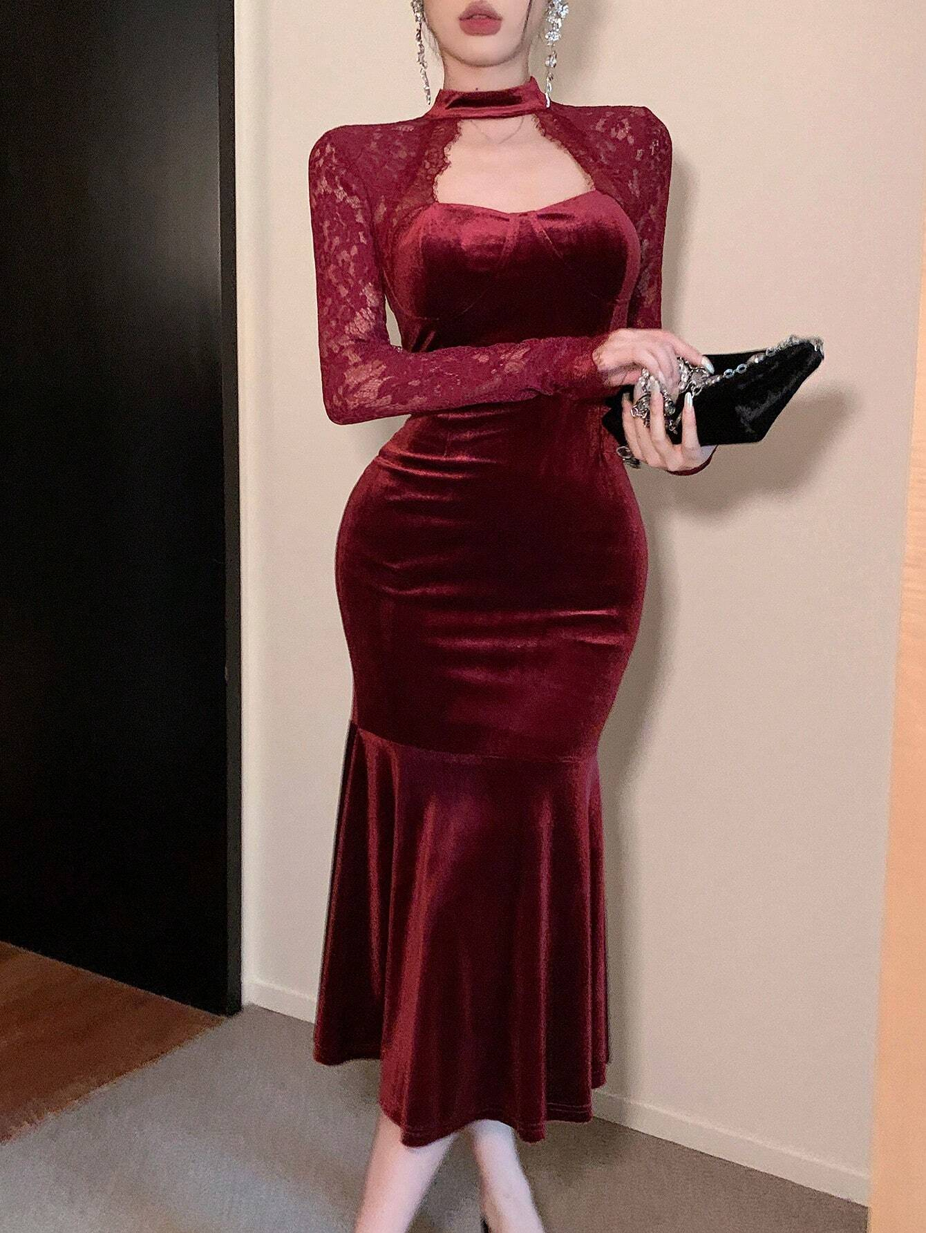 Woman's Burgundy Velvet Lace Long Sleeve Halter Sweetheart Mermaid Dress