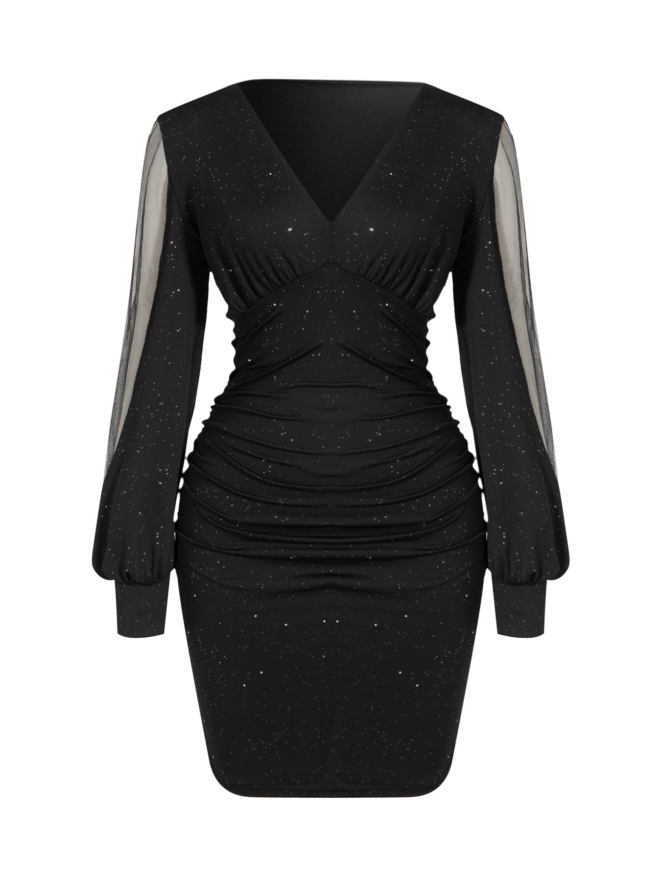 Woman's Glitter Mesh-Sleeve Ruched V-Neck Bodycon Mini Dress-Aegean-sea