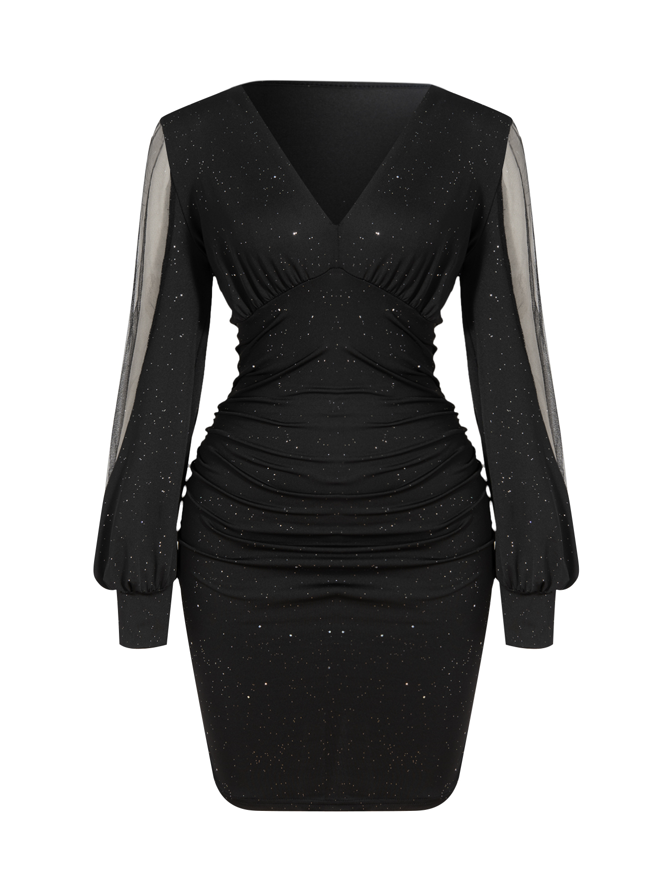 Woman's Glitter Mesh-Sleeve Ruched V-Neck Bodycon Mini Dress-Aegean-sea