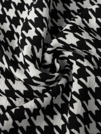 Woman's Black & White Houndstooth Two-In-One Dress | White Shirt Collar Puff Sleeve Fitted Maxi Office Dress-Aegean-sea