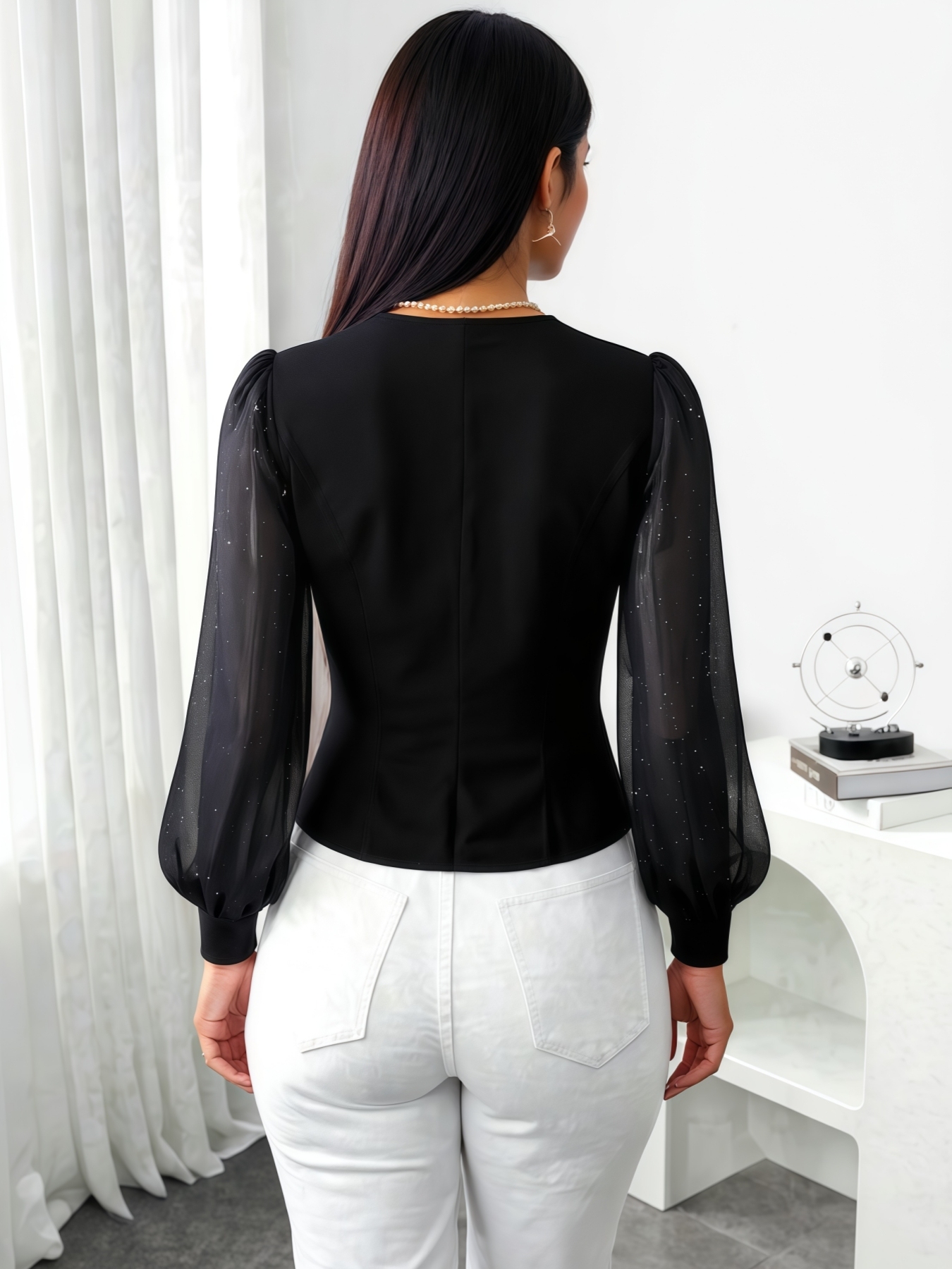 Women's Black Sheer Puff Sleeve V-Neck Button-Front Fitted Waist Vest-Style Blouse-Aegean-sea