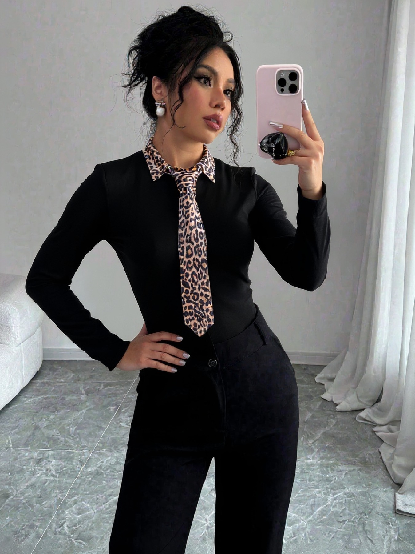 Leopard Accent Collar & Tie Black Fitted Top-Aegean-sea
