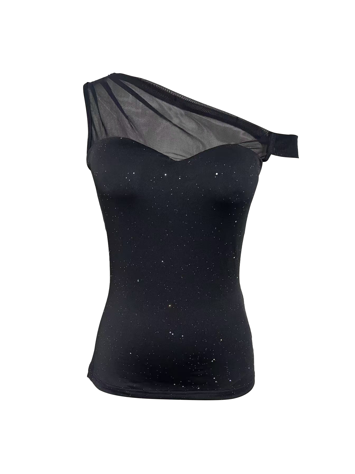 Woman's Black Glitter One-Shoulder Mesh Panel Fitted Top-Aegean-sea