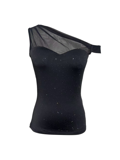 Woman's Black Glitter One-Shoulder Mesh Panel Fitted Top-Aegean-sea