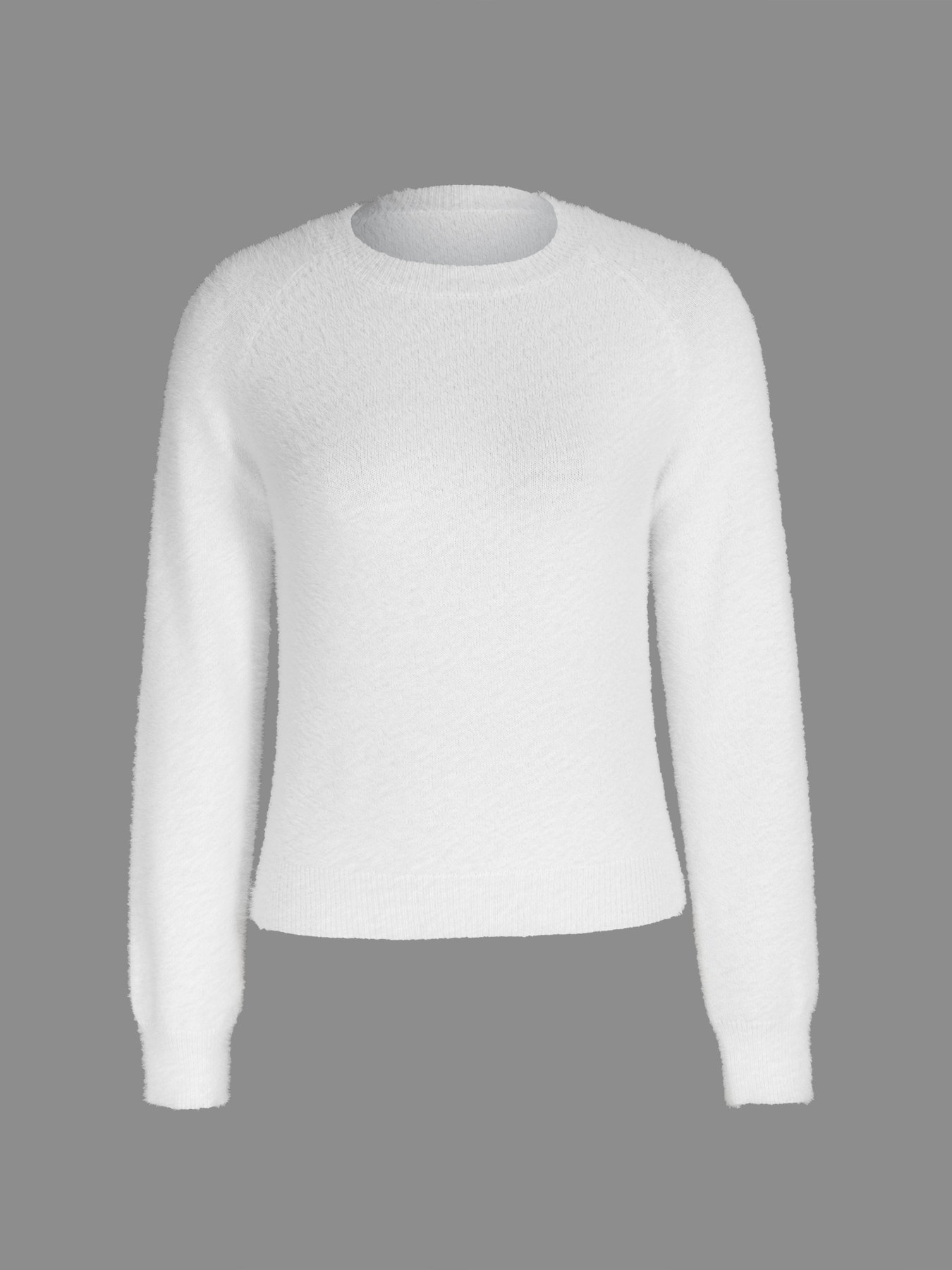 Women's White Fuzzy Crew Neck Long Sleeve Slim Fit Sweater