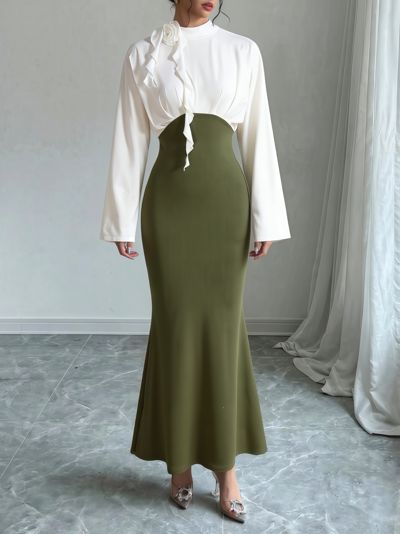 Vestido de moda femenino de manga larga ceñido a la cadera con todos los accesorios-Aegean-sea