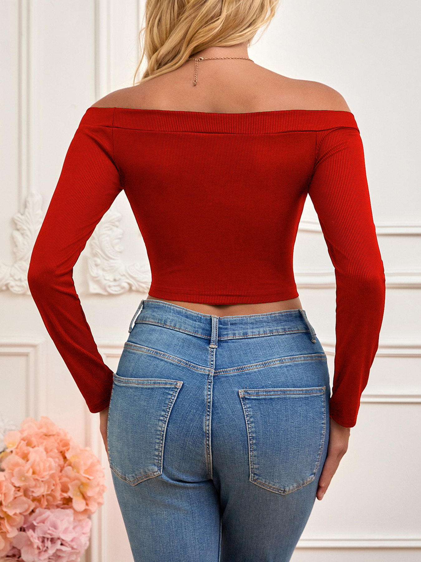 Women's Red Ribbed Off-The-Shoulder Long Sleeve Crop Top-Aegean-sea