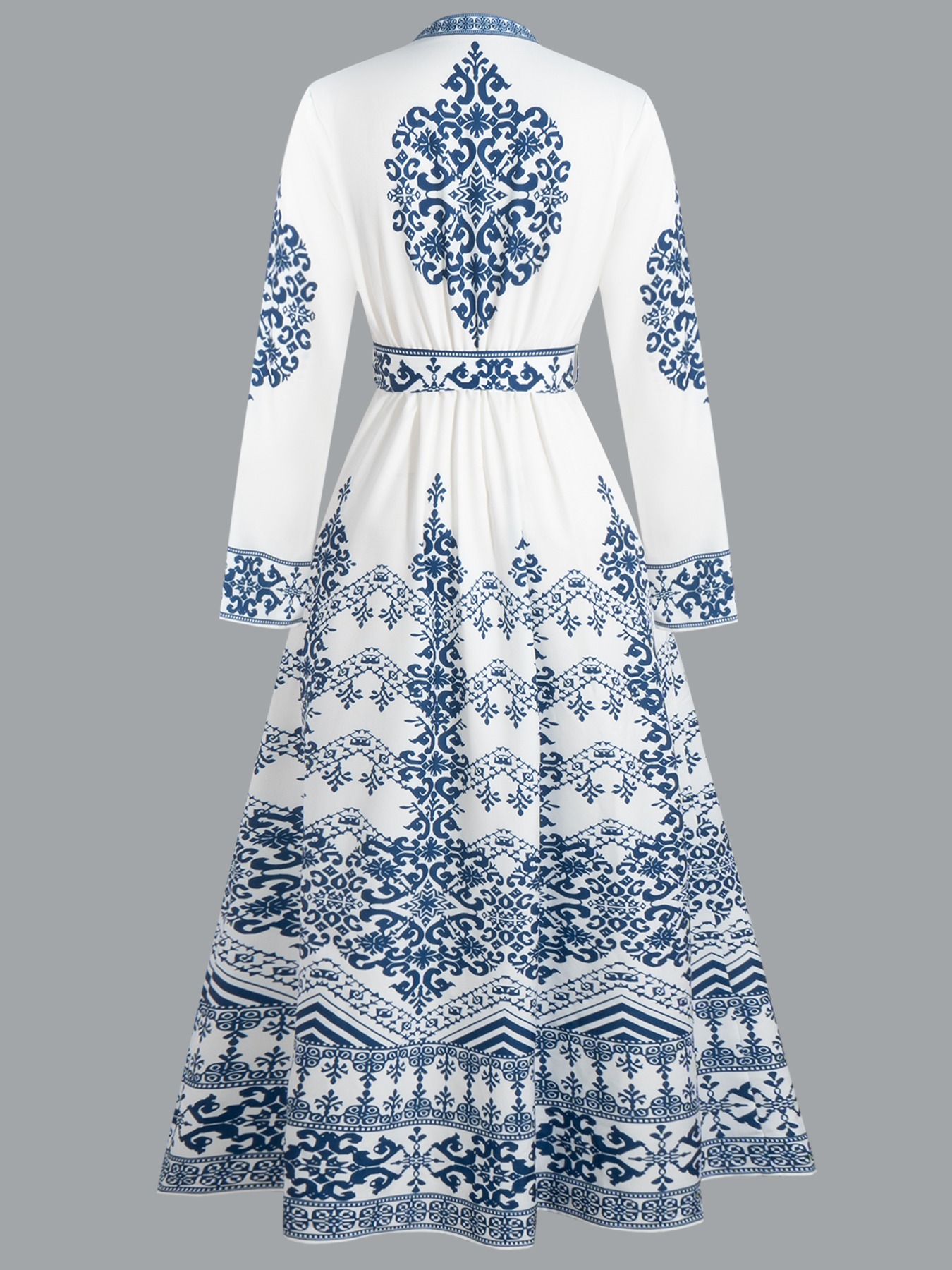 Tsinghua porcelain positioned floral print dress Standing collar with waist tie Long skirt with wide hem