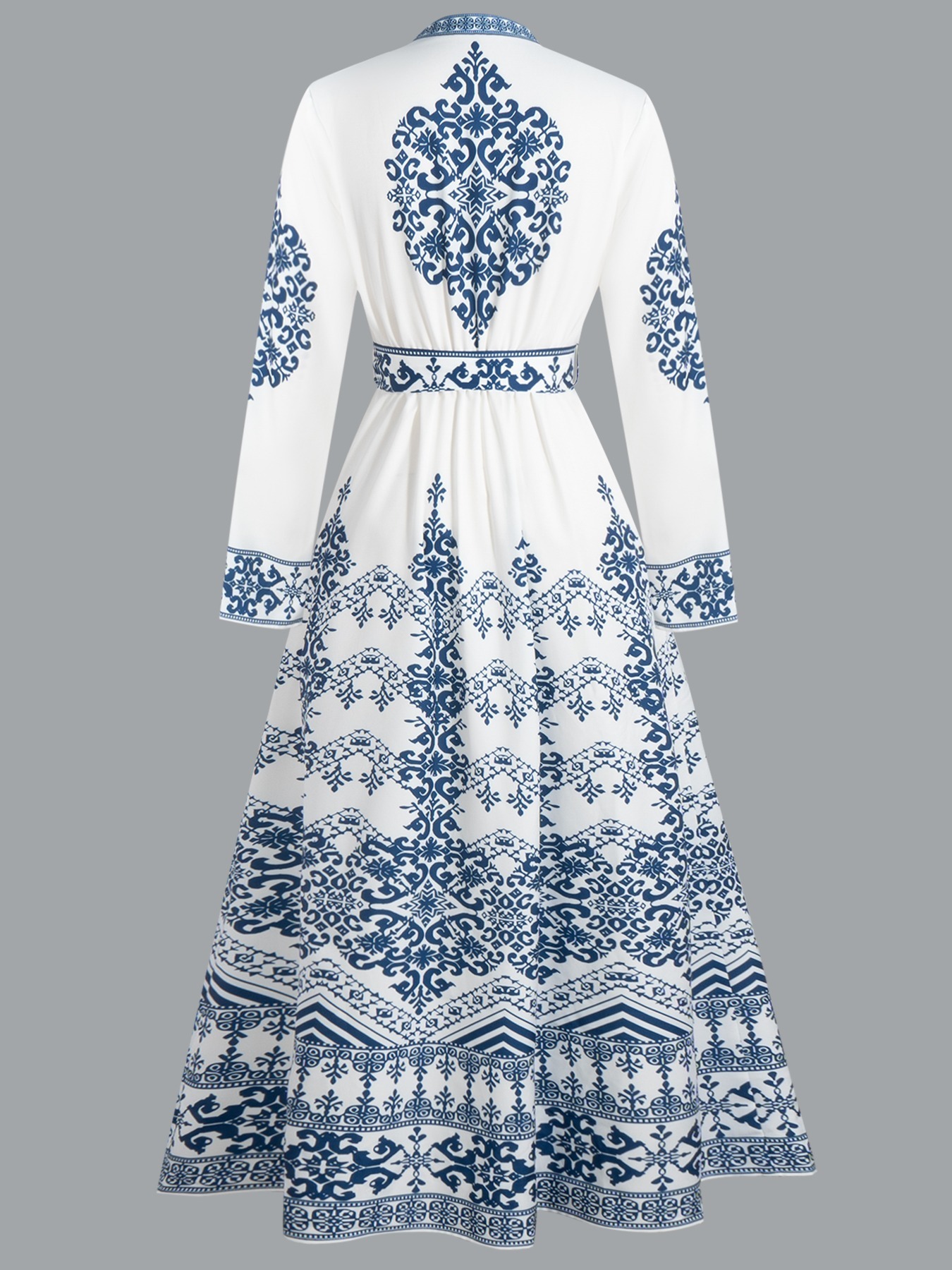 Tsinghua porcelain positioned floral print dress Standing collar with waist tie Long skirt with wide hem