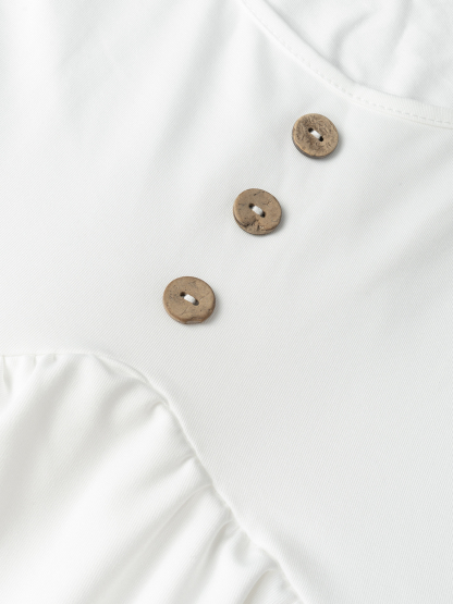 Woman's White Scoop Neck Short Sleeve Button Detail Peplum Asymmetric Top-Aegean-sea