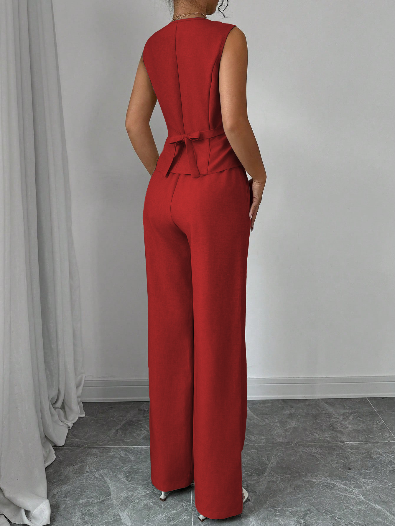 Conjunto de pantalones anchos y chaleco sin mangas de estilo femenino-Aegean-sea