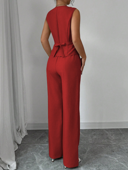 Conjunto de pantalones anchos y chaleco sin mangas de estilo femenino-Aegean-sea