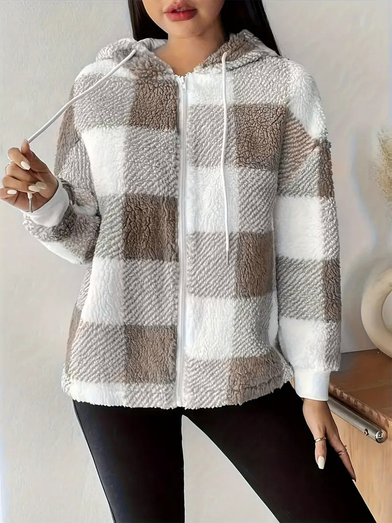 Women's Plaid Fuzzy Hooded Zip-Up Coat-Aegean-sea