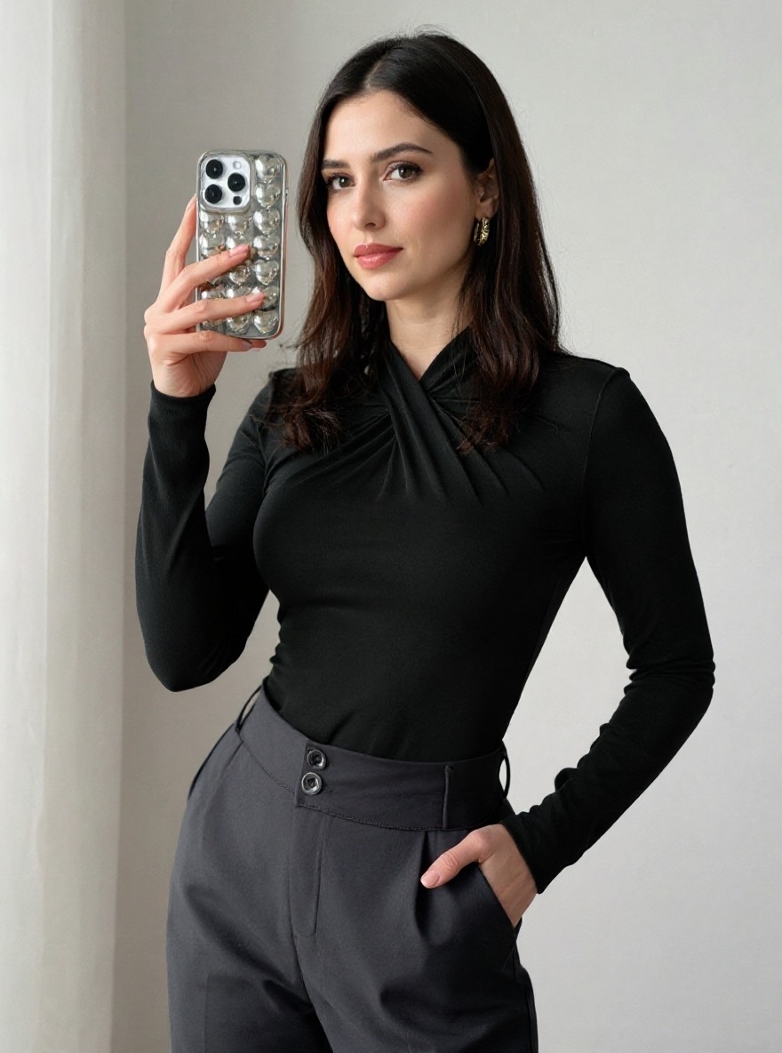 Black Long Sleeve Top with Twist Front Detail - Turtleneck Slim Fit for Casual & Party Wear-Aegean-sea