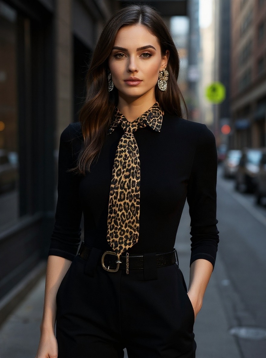 Leopard Accent Collar & Tie Black Fitted Top-Aegean-sea