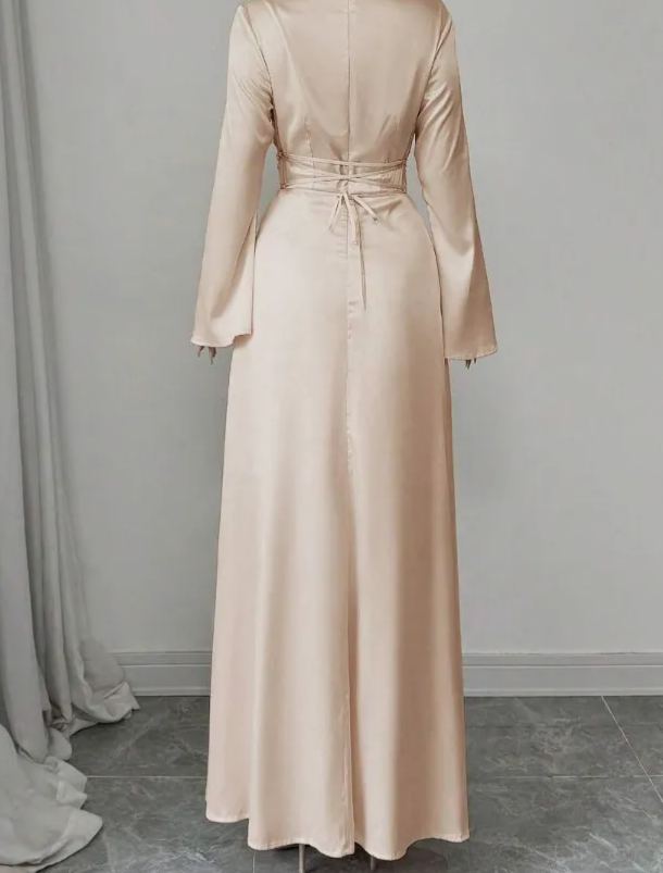 Light Beige Satin Cowl Neck Maxi Dress with Bell Sleeves and Drawstring Waist-Aegean-sea
