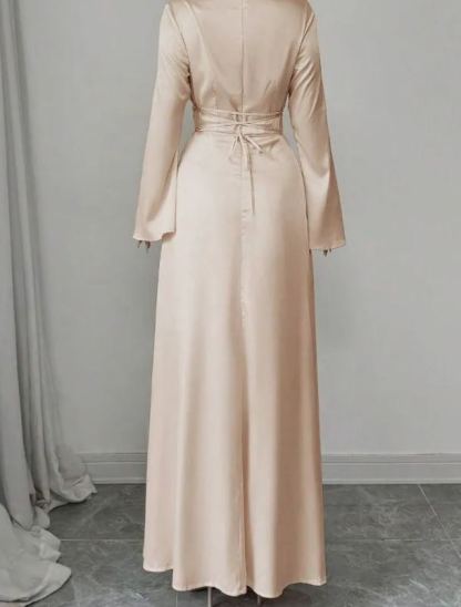 Light Beige Satin Cowl Neck Maxi Dress with Bell Sleeves and Drawstring Waist-Aegean-sea
