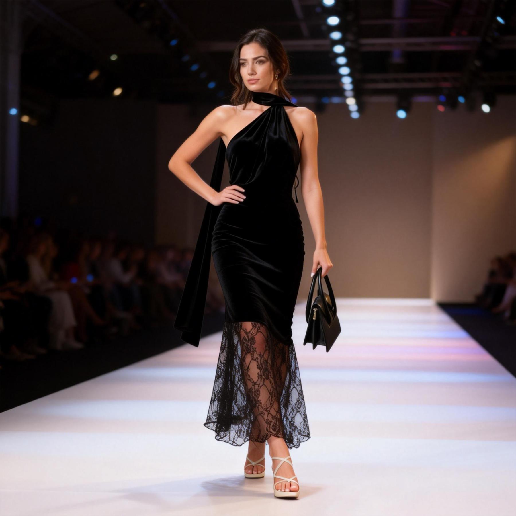 Woman's Black One-Shoulder Halter Lace Mermaid Maxi Dress