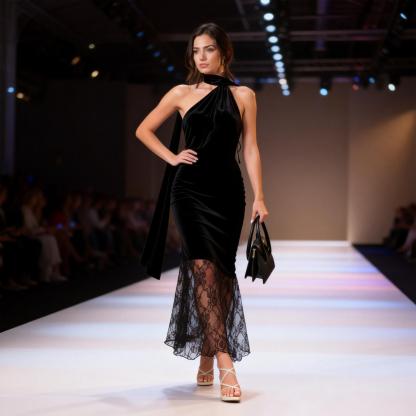 Woman's Black One-Shoulder Halter Lace Mermaid Maxi Dress