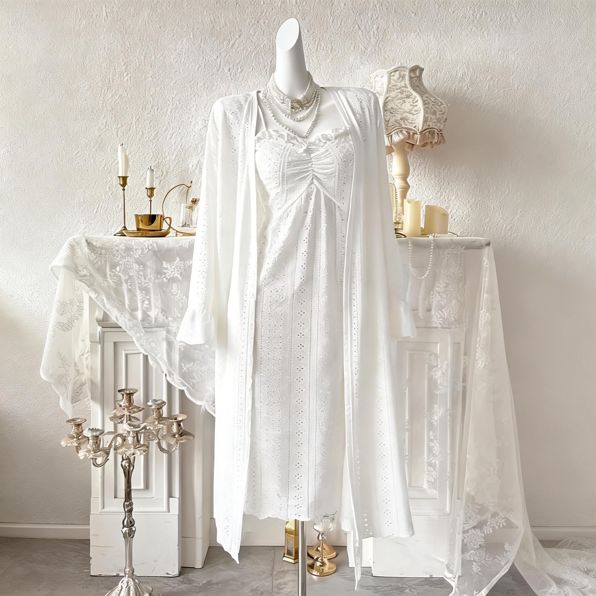 White crocheted strappy skirt, cardigan two-piece set Holiday dress, loose-fitting nightgown set