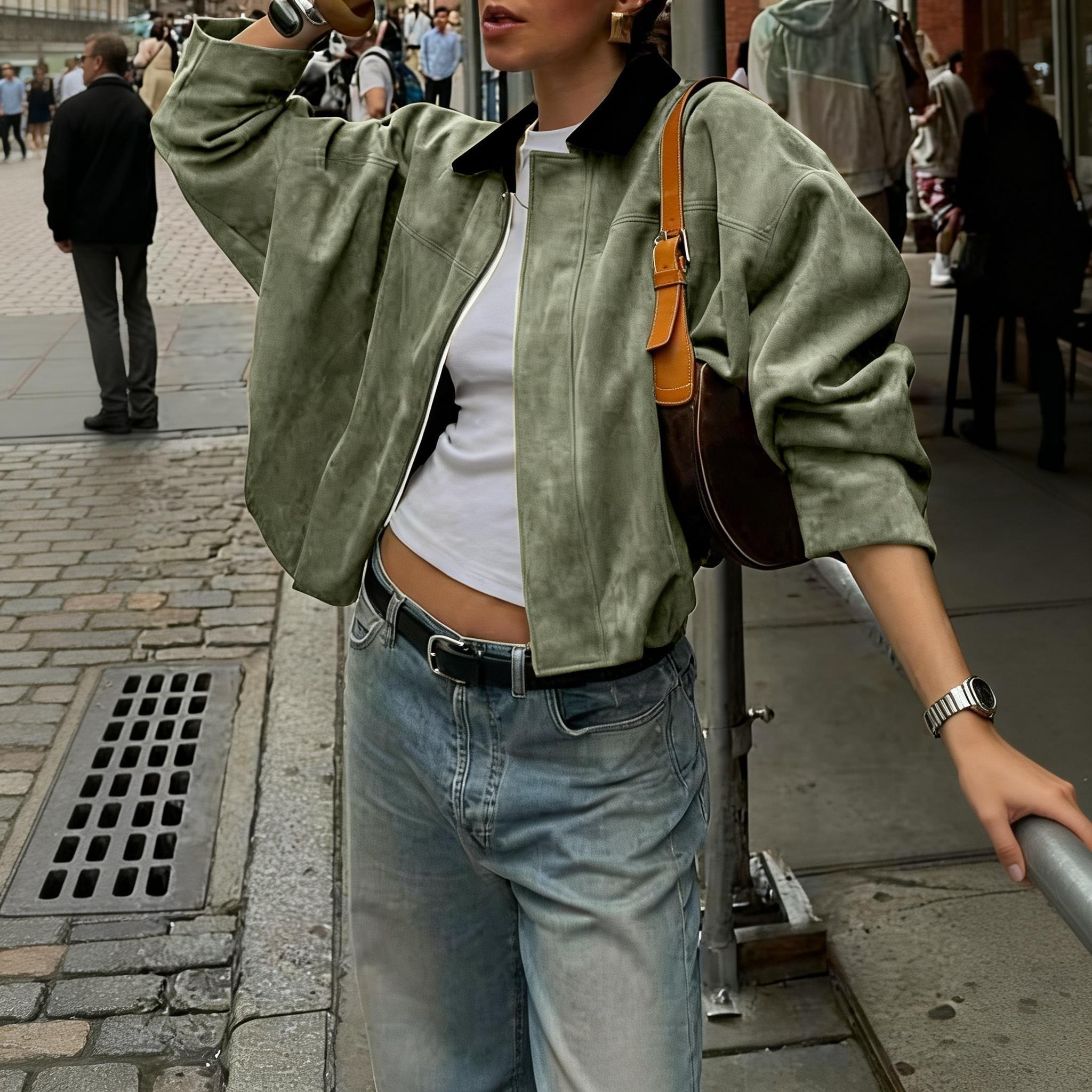 Black and green contrasting reversal suede shirt Loose long-sleeved jacket jacket jacket