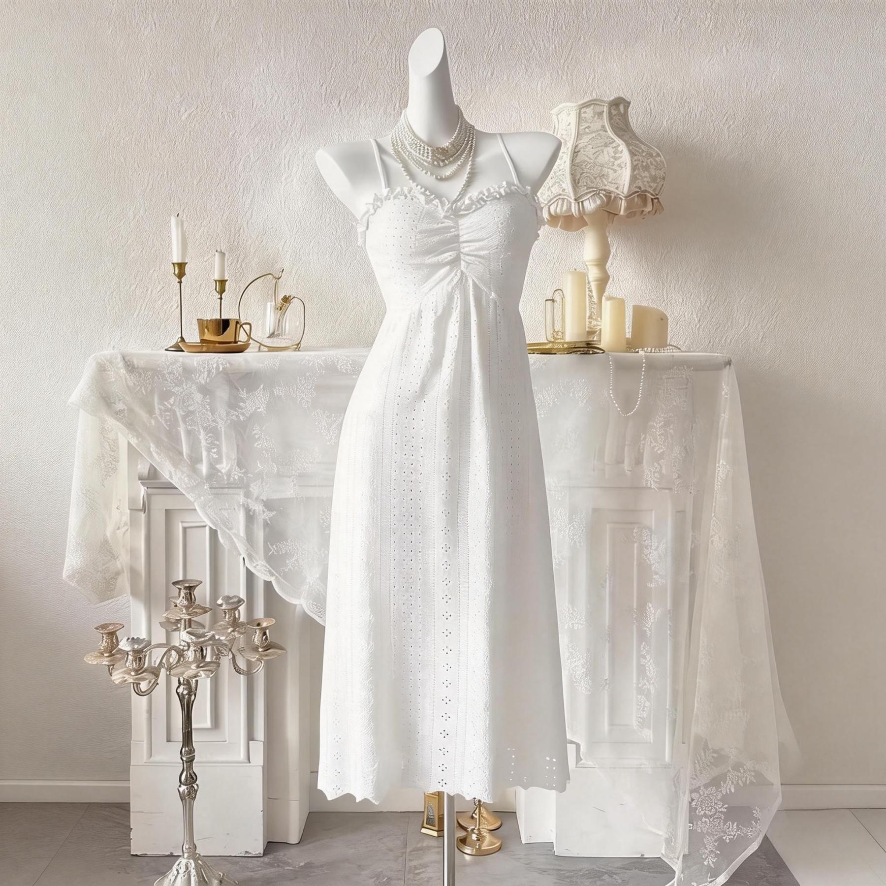 White crocheted strappy skirt, cardigan two-piece set Holiday dress, loose-fitting nightgown set