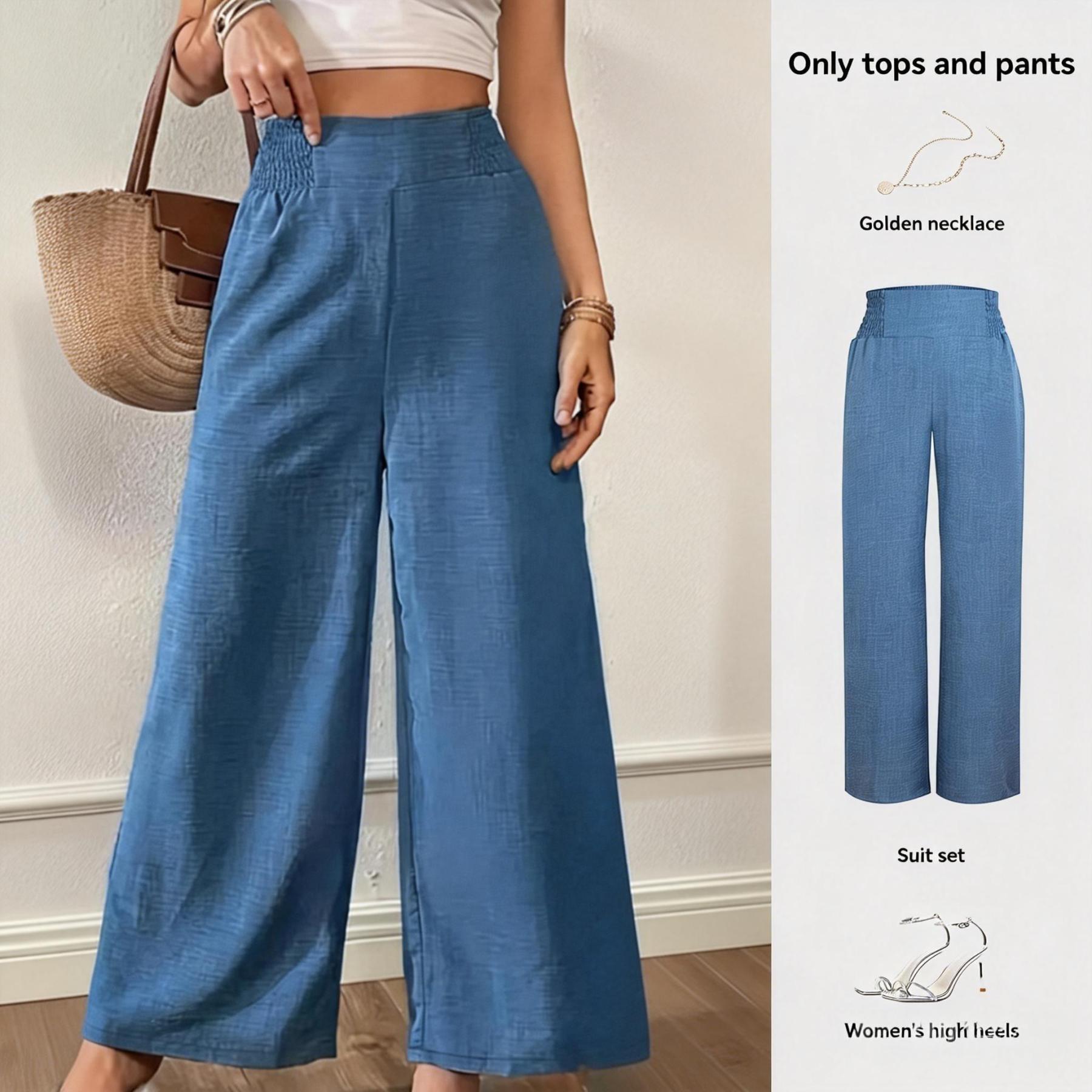 Women's Blue Smocked Waist Wide Leg Pants-Aegean-sea