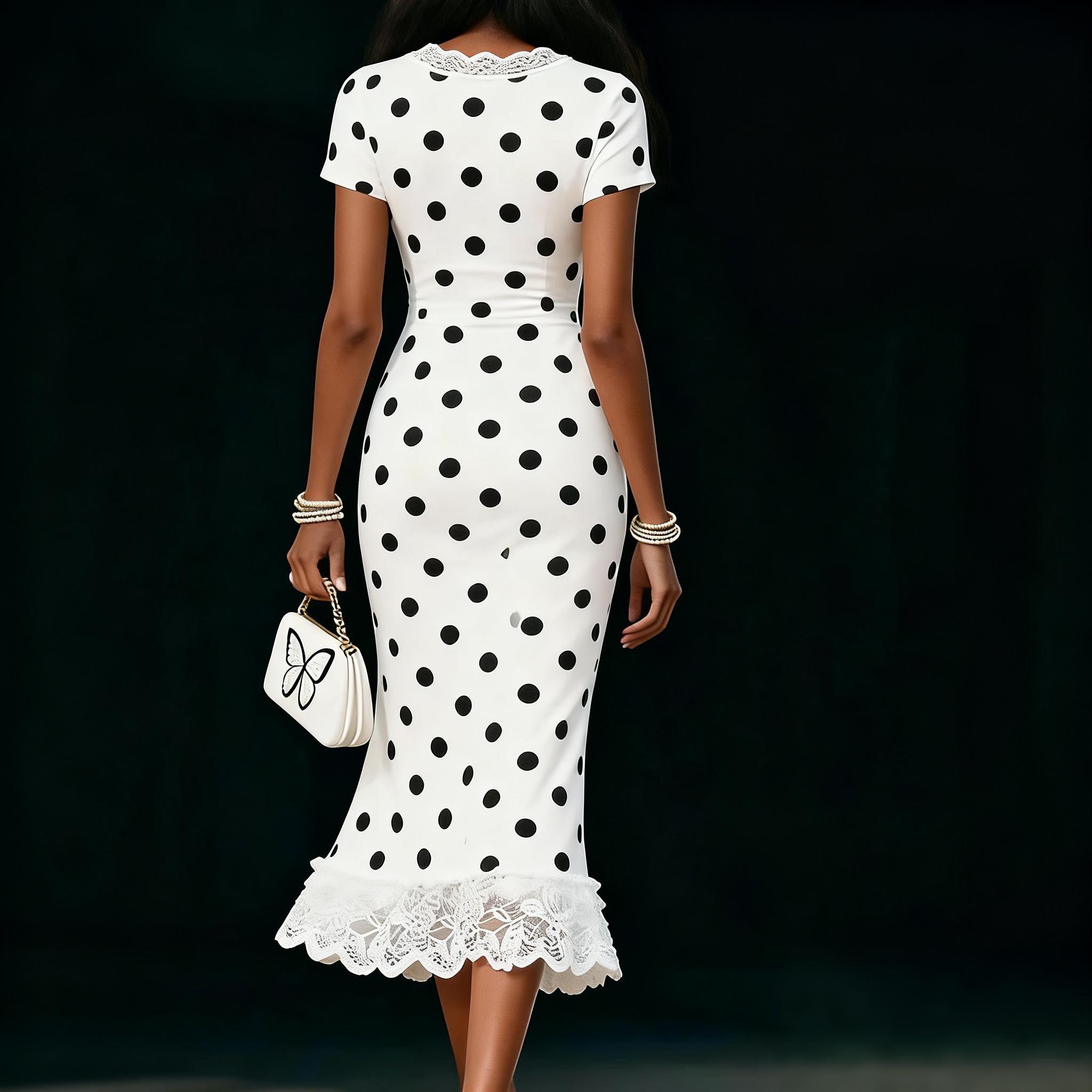 Dotted lace V-neck short-sleeved fishtail dress, party body wrap mid-length skirt