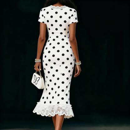 Dotted lace V-neck short-sleeved fishtail dress, party body wrap mid-length skirt