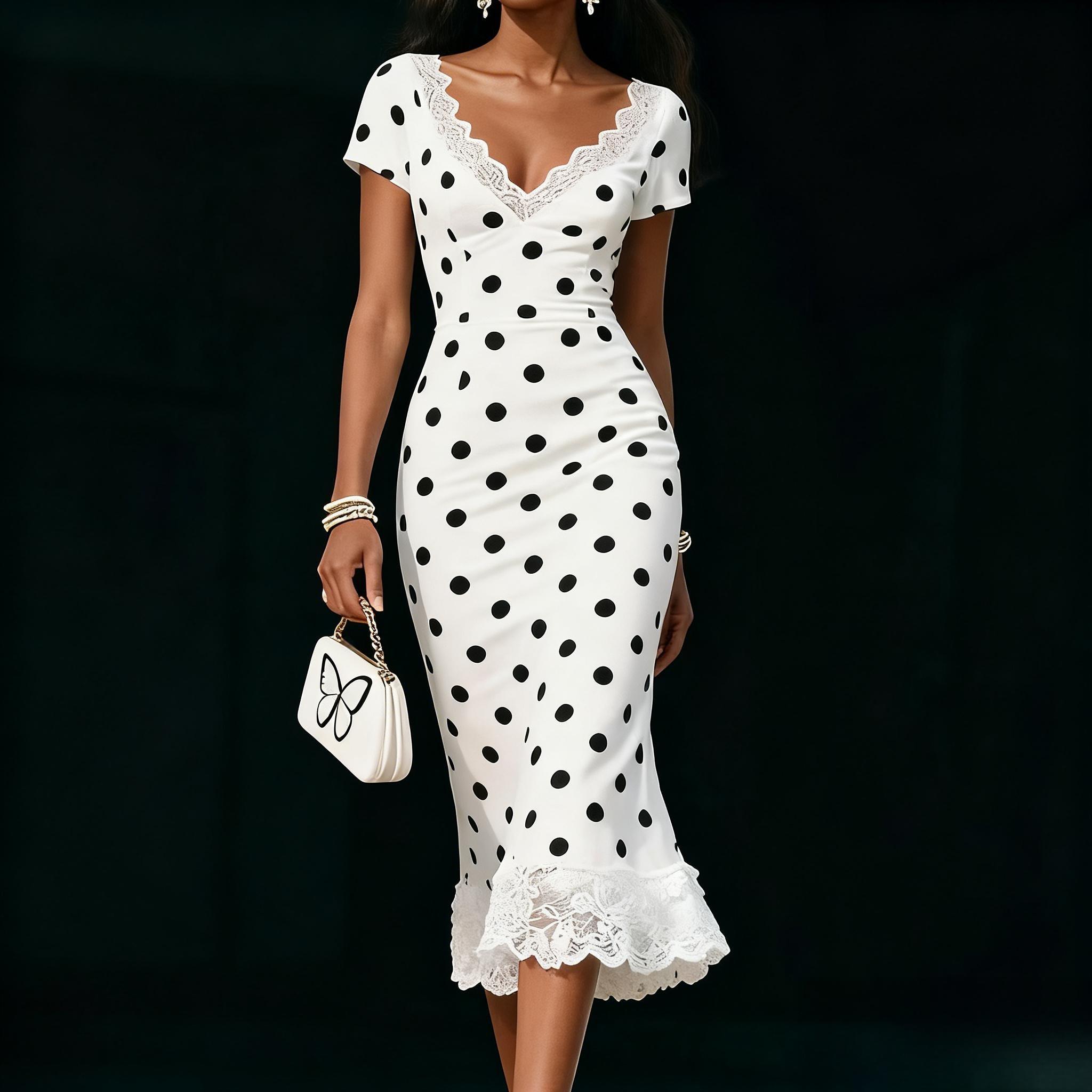 Dotted lace V-neck short-sleeved fishtail dress, party body wrap mid-length skirt