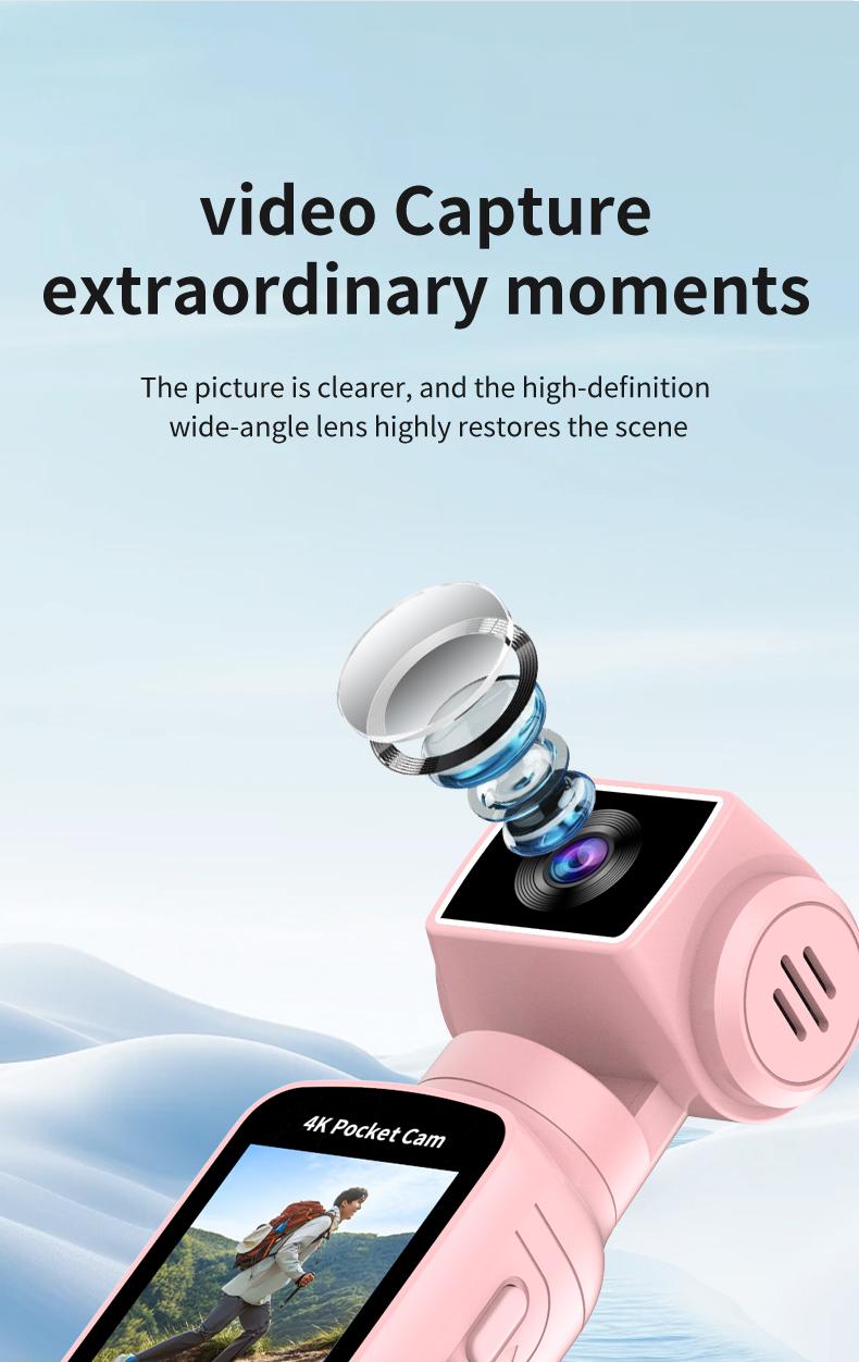 DarlingCase 4K Ultra HD Pocket Action Camera 8in1 with 270° Rotatable Lens 1.33" Display EIS Stabilization TF Card Slot 32GB Memory Card Included Black Audio Charging Wireless Video Transfer Compact Design