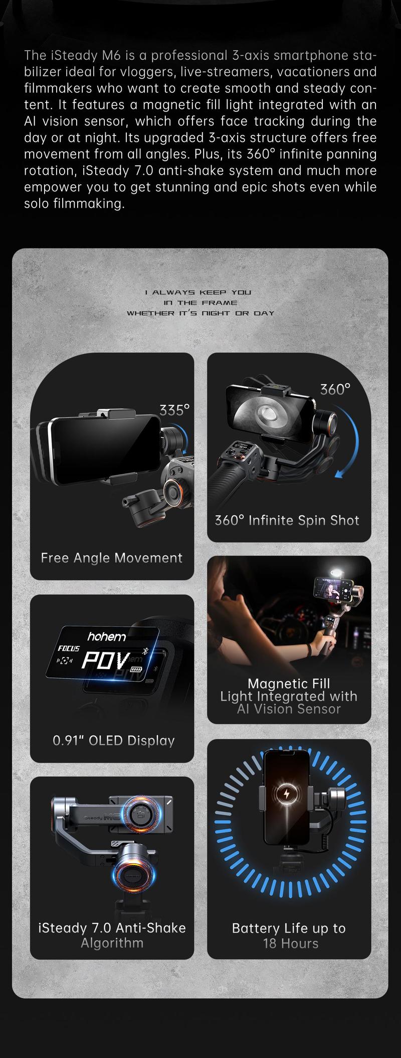 Hohem iSteady M6 Kit Gimbal Stabilizer for Smartphone, 3-Axis Phone Gimbal, AI Tracker w/CCT/RGB Fill Light, Phone Stabilizer for Video Recording,Suitable for Android & iPhone 17 series